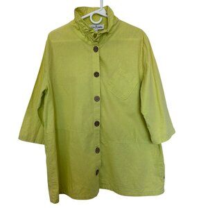 Neon Buddha Linen Blend Button Up Lagenlook Top Size M Bright Lime Green Yellow
